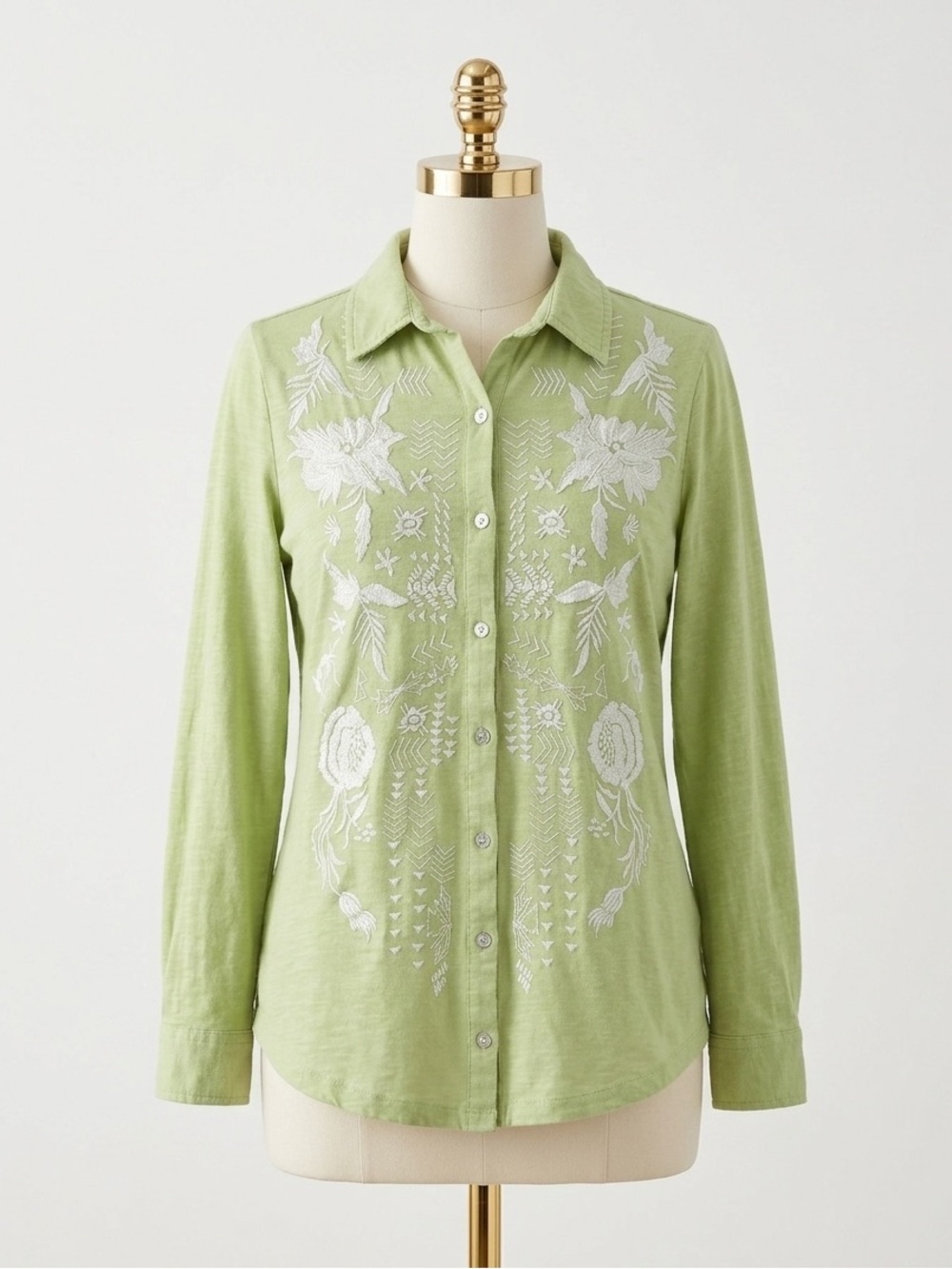 Soft Surroundings Green Embroidered Button Down Tunic Blouse Shirt Small Petite